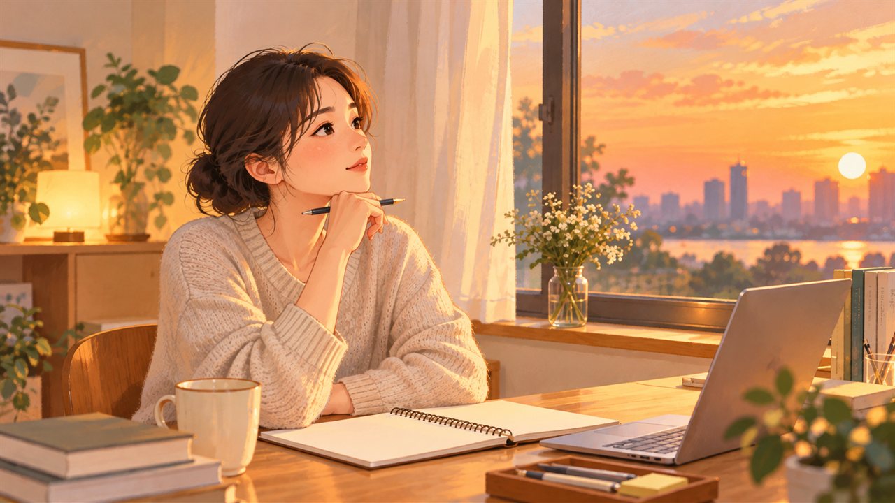夕暮れの窓辺で、白いノートを前にペンを持ち、考え込んでいる女性のイラスト